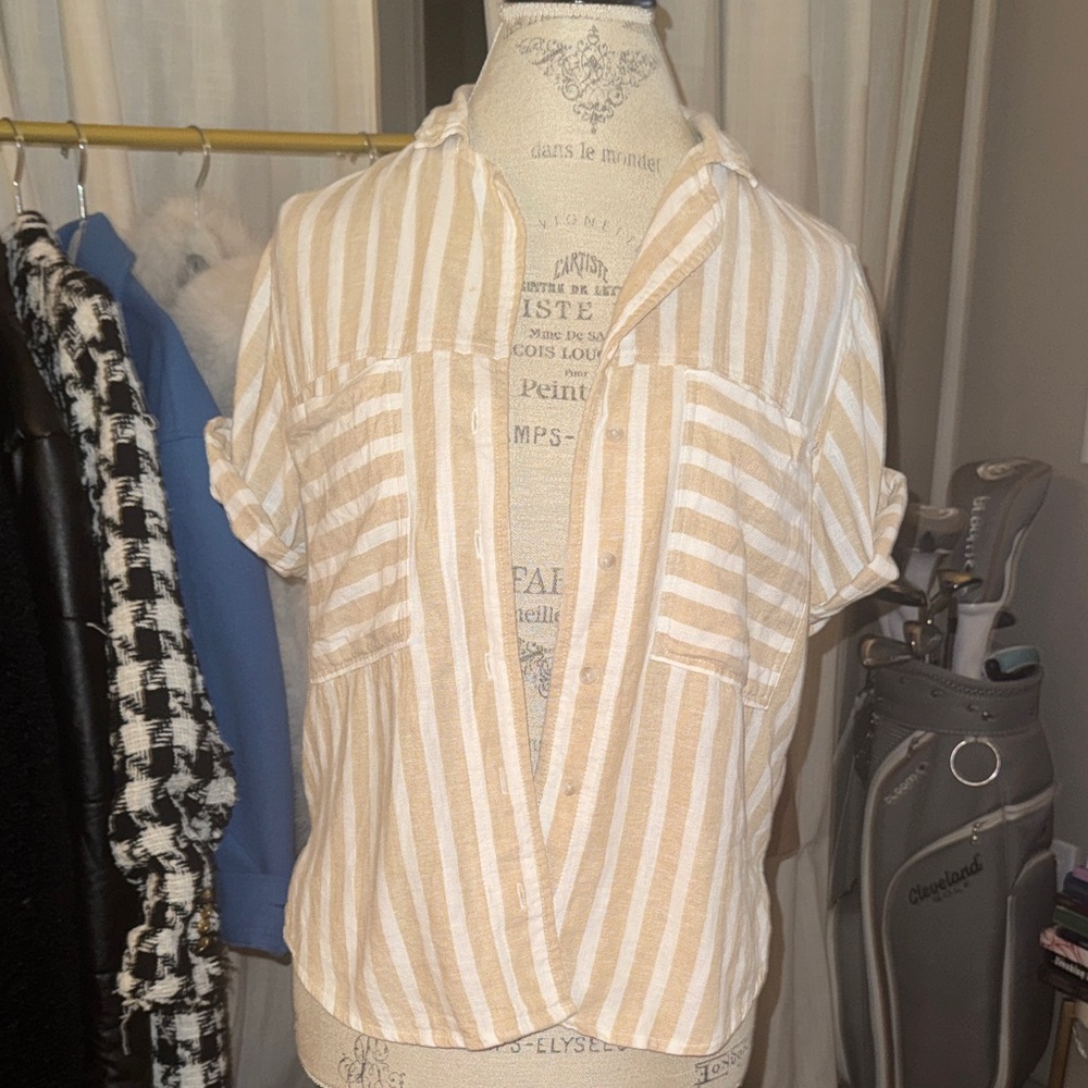 Universal Thread Striped Beige White Womens Top Button Up Collar Shortsleeve XS - Picture 4 of 8